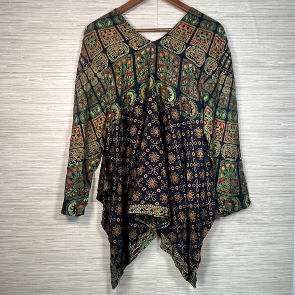 Sacred Threads Womens Boho Block Handkerchief Hem Rayon Tunic Top Navy OS NWT - Picture 2 of 11